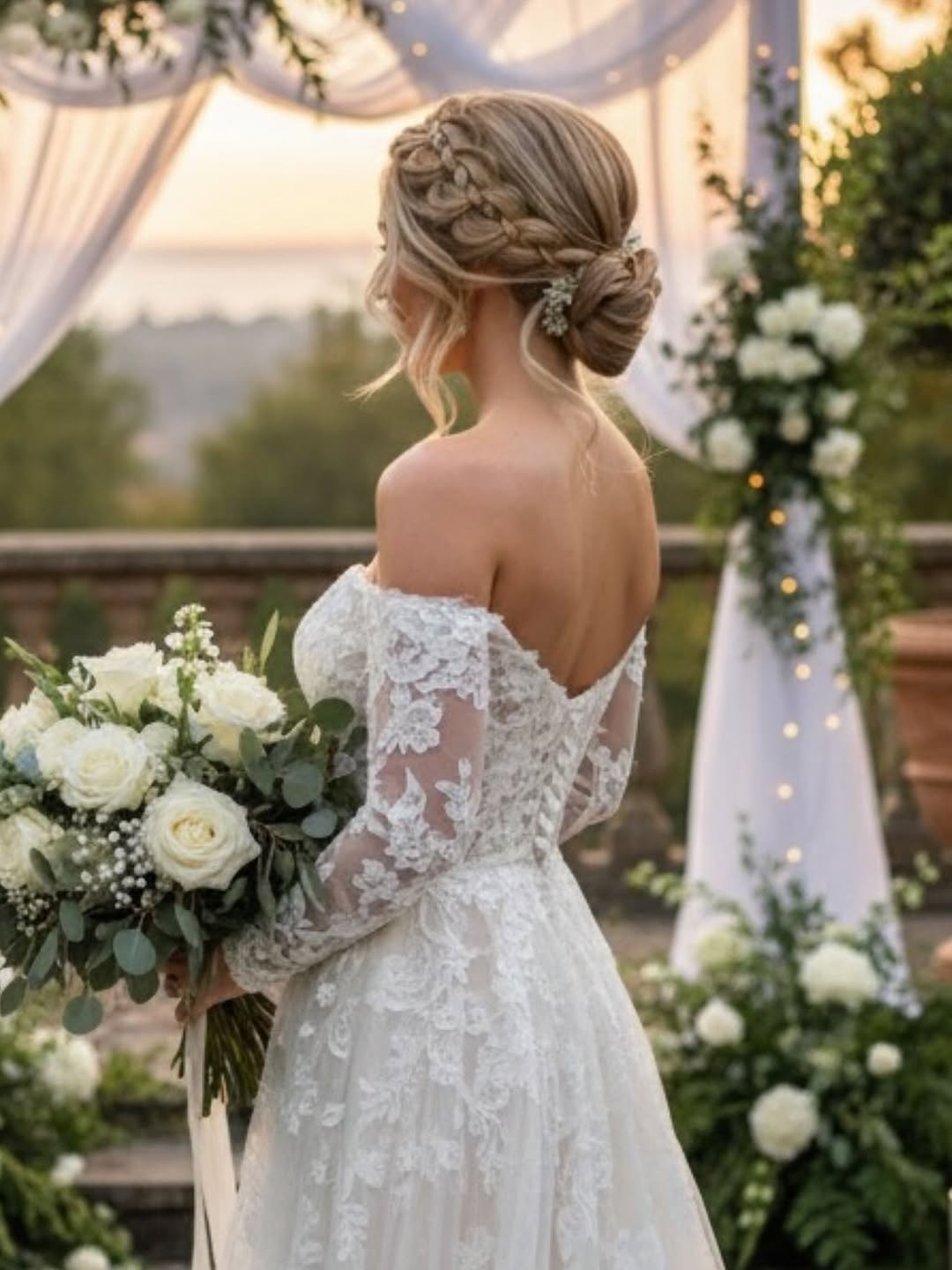 Noiva com penteado trançado e buquê de rosas brancas em cerimônia ao ar livre