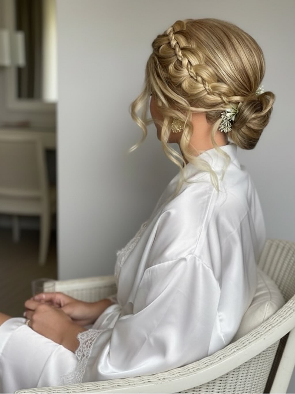 Penteado de noiva com coque baixo trançado e acessório de cristal