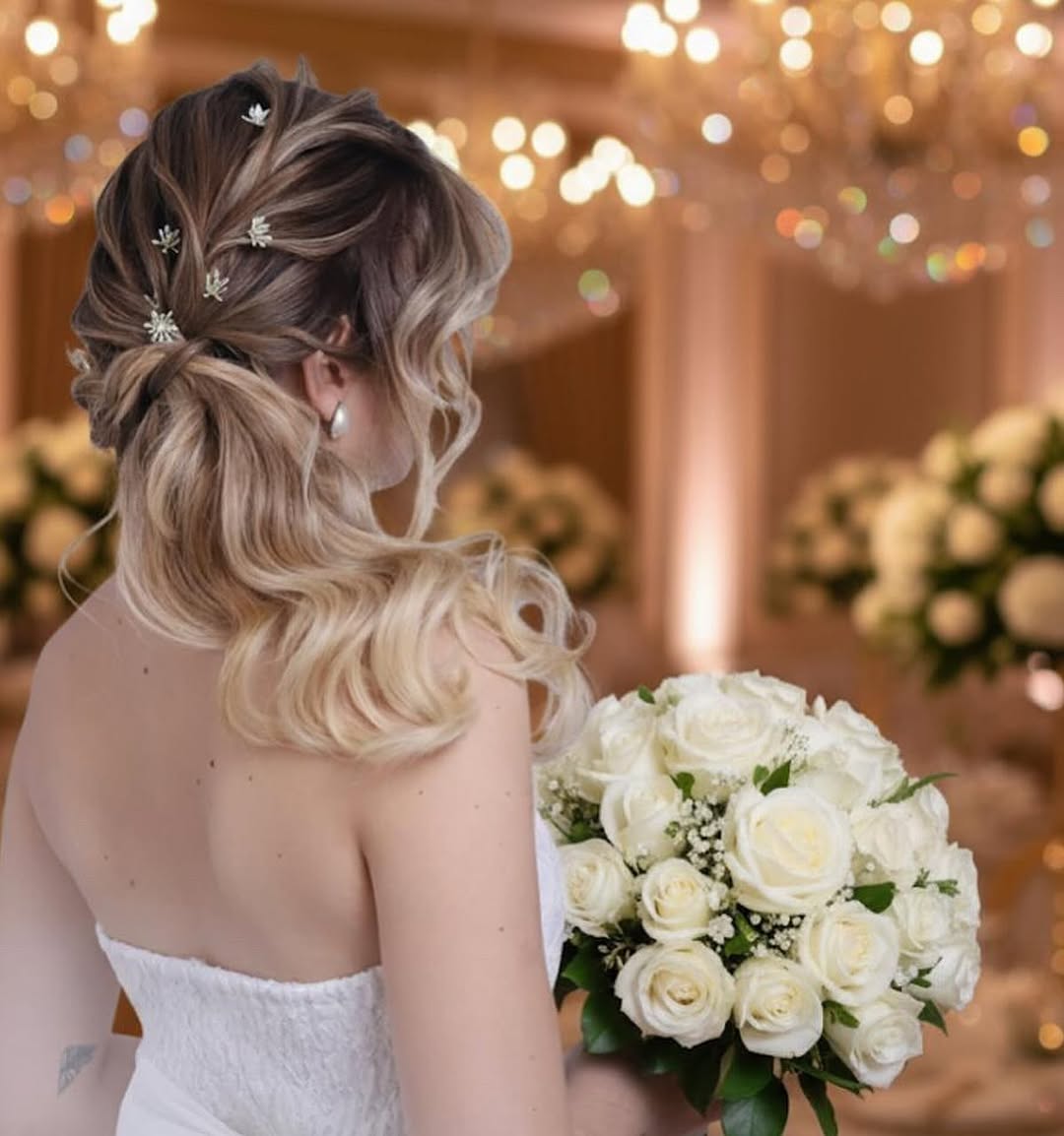 Penteado de noiva com buque de rosas - Studio Antonelli